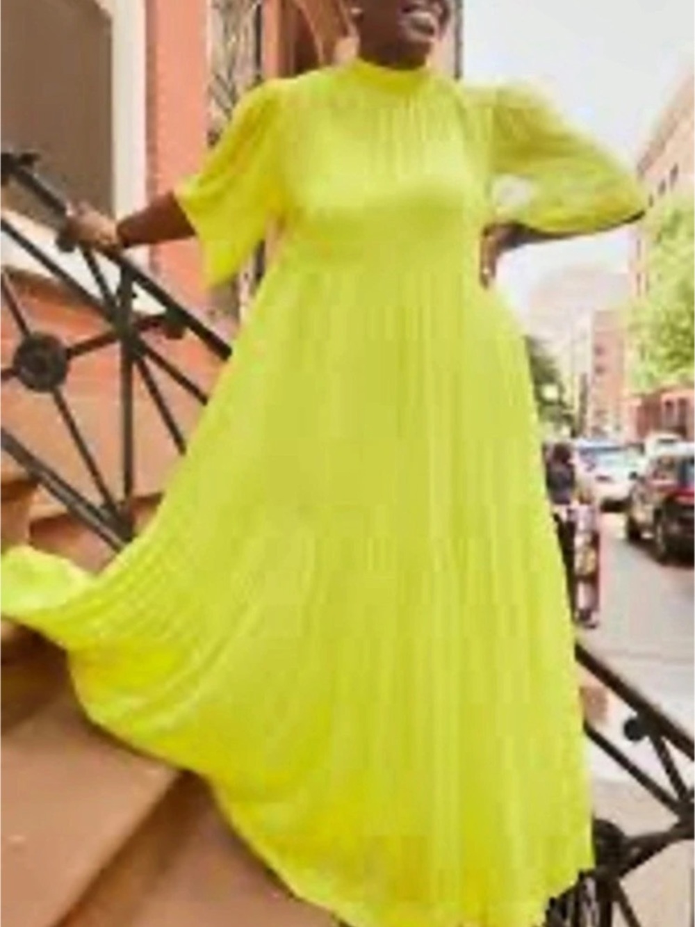 H&M Neon Lime Green Sheer Tiered Maxi Dress w/ Slip Size L - Picture 3 of 9